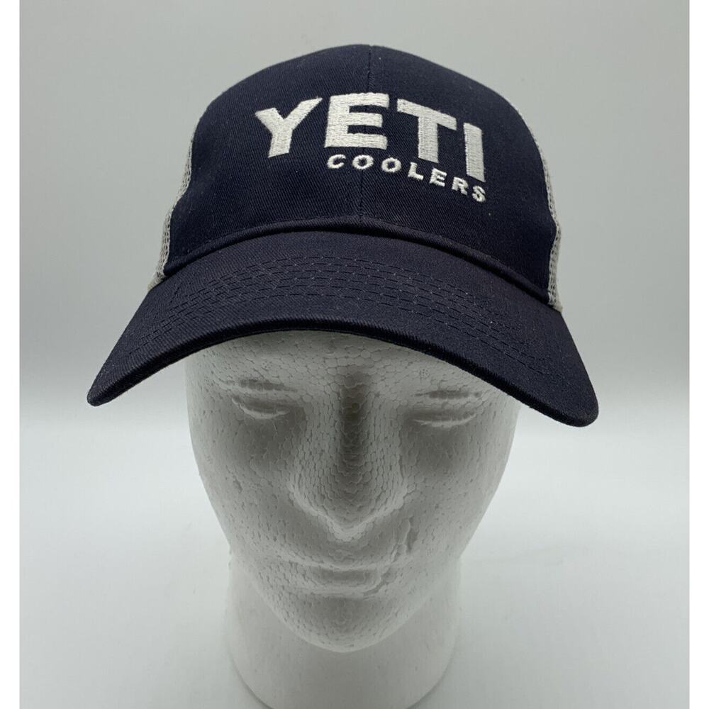Yeti Coolers Navy White Mesh Strap Back Truckers Cap Hat Embroidered Logo Read